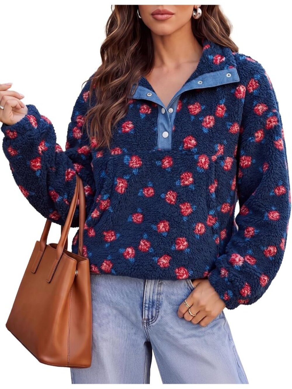 Women's Blue Long Sleeve Henley Neck Fuzzy Fleece Imported Sweatshirt